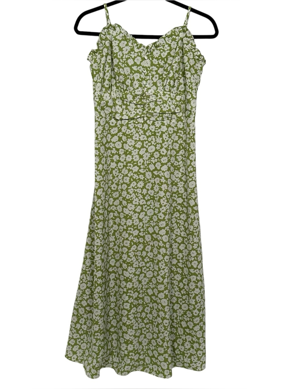 Lulus Green & White Floral Midi Dress Wedding Guest Garden Party Size Medium